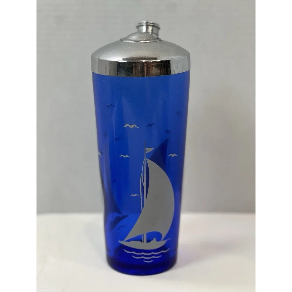 Vintage Hazel Atlas Cobalt Blue Cocktail Shaker glasses ice bucket Sailboat